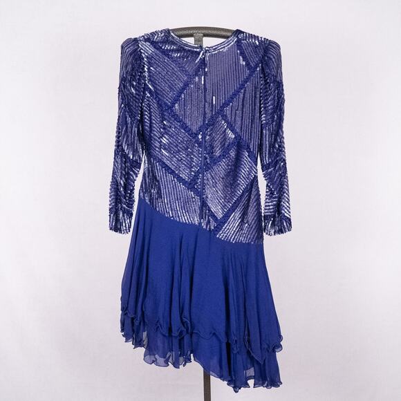 Vintage 80s Beaded Silk Cocktail Dress Women's SMALL Ruffle Asymmetric Hem Blue - Picture 7 of 9